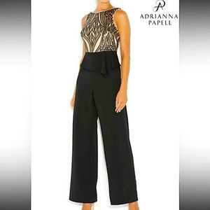 NWT Adrianna Papell Black Halter Sequin Jumpsuit Size 6P